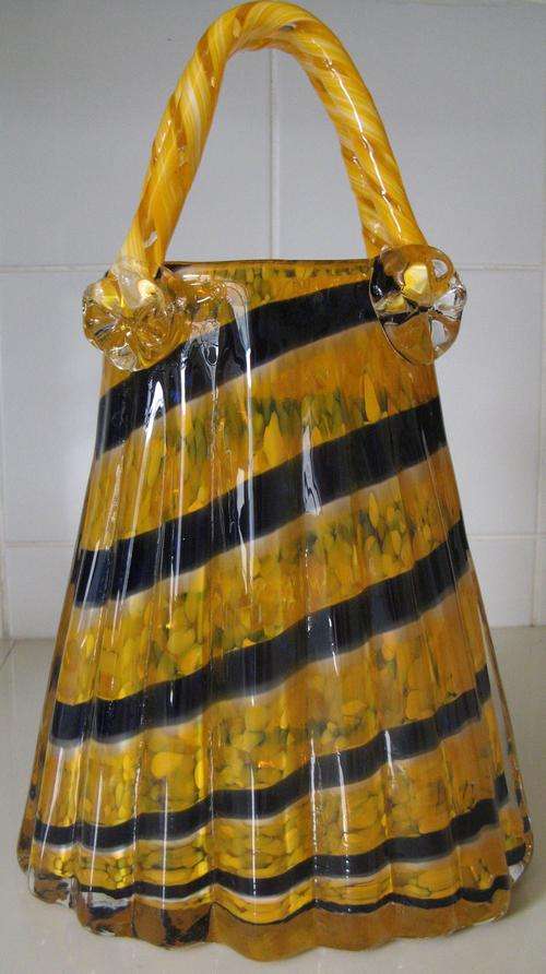 LARGE ORNATE BLUE AND ORANGE CANDY STRIPED HAND BAG