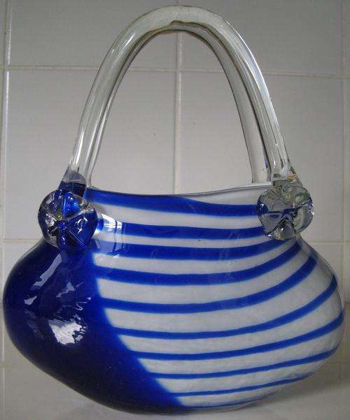 BLUE AND WHITE CANDY STRIPED ORNATE GLASS HAND BAG