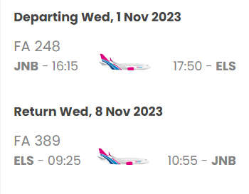 2x Return Flight Tickets from Johannesburg to East London 01 Nov -  08 Nov 2023 (RELIST)