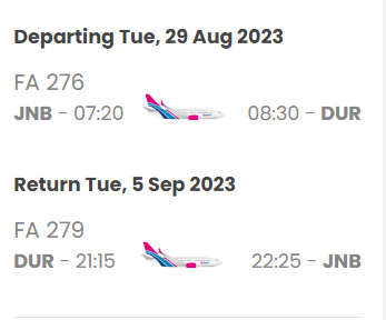 3x Return Flight Tickets from Johannesburg to Durban 29 Aug - 05 Sep 2023 (RELIST)