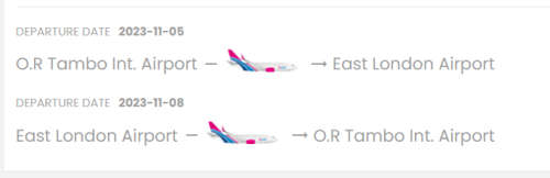 ***DO NOT MISS*** Return Flight Ticket from Johannesburg to East London 05 Nov -  08 Nov 2023