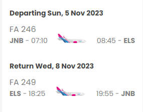 ***DO NOT MISS*** Return Flight Ticket from Johannesburg to East London 05 Nov -  08 Nov 2023