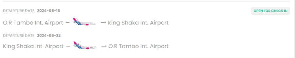 Return Flight Ticket from Johannesburg to Durban 16 May 2024 - 22 May 2024