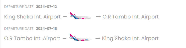 Return Flight Ticket from Durban to Johannesburg 12 July 2024 - 18 July 2024