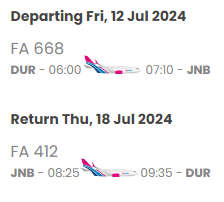 Return Flight Ticket from Durban to Johannesburg 12 July 2024 - 18 July 2024
