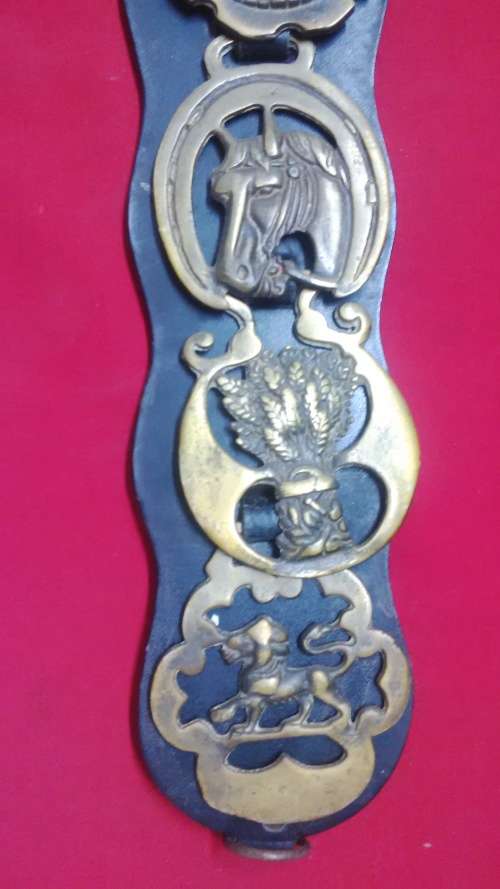 6 VINTAGE HORSE BRASS MEDALLIANS ON BELT-SEE PICTURES