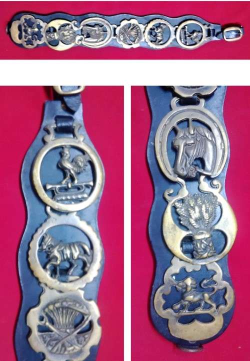 6 VINTAGE HORSE BRASS MEDALLIANS ON BELT-SEE PICTURES