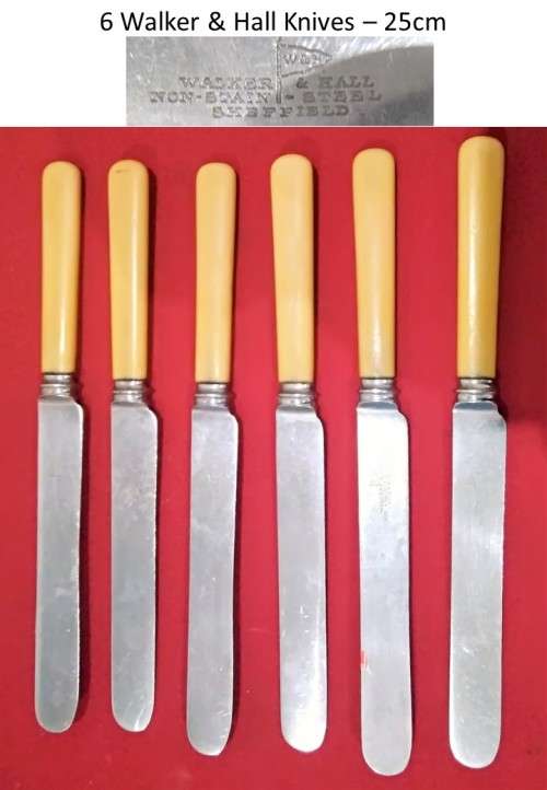 6 VINTAGE WALKER & HALL TABLE KNIVES -  PICTURES ARE PART OF THE DESCRIPTION
