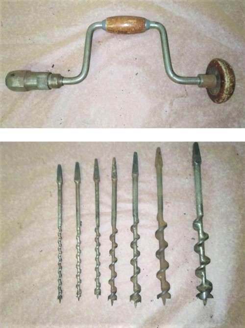 VINTAGE SET OF 7 FOOTPRINT AUGER BITS & A 10in BRACE DRILL See PICs & DESC