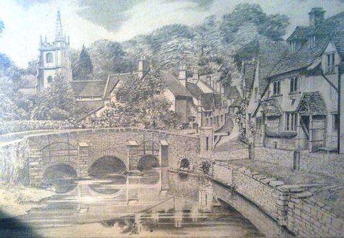 1979 Detailed Lead Pencil Art of Castle Combe Witshire by Joseph E Waddington