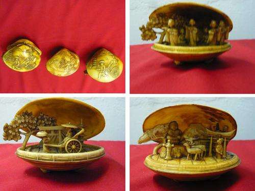 3 BAKELITE OYSTER SHELL DISPLAYS  (PH  = R50-COMBINE @ R25) - PLEASE C PICS AND DESC