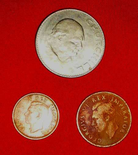 A CHURCHILL, A 1942 SA PENNY AND A 1942 SA HALF PENNY (PH  = R50) - PLEASE C PICS AND DESC