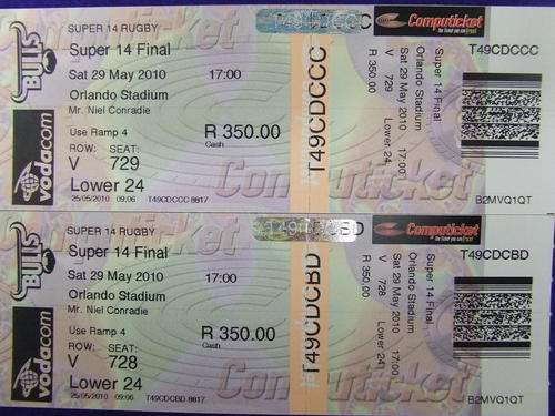 2X SUPER 14 FINAL TICKETS BULLS VS STORMERS 29 MAY 2010