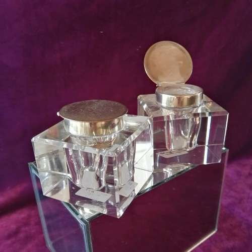 2 x lidded glass inkwells