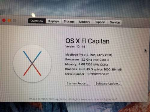 MacBook Pro 13-inch 2011, Intel I5 2.3GHz, 4Gb Ram,HD Graphics 3000,320gb Harddrive, OS X EI Capitan