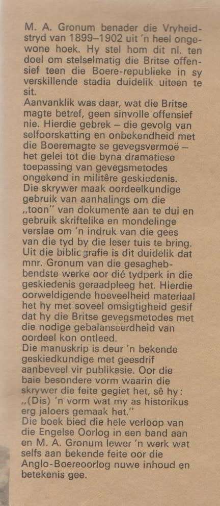 DIE ENGELSE OORLOG 1899 - 1902 - M A GRONUM (1 STE DRUK 1972)