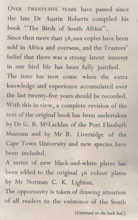 BIRDS OF SOUTH AFRICA - ROBERTS (3 RD IMPRESSION 1961)