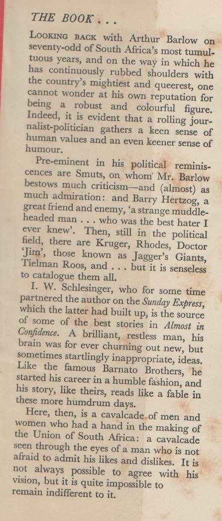 ALMOST IN CONFIDENCE - ARTHUR G BARLOW (SIGNED - 1952)