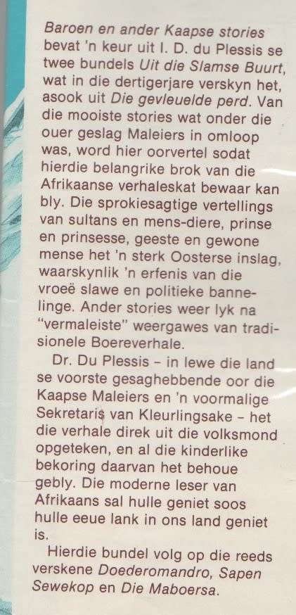 BAROEN EN ANDER KAAPSE STORIES - I D DU PLESSIS (1 STE UITGAWE 1982)