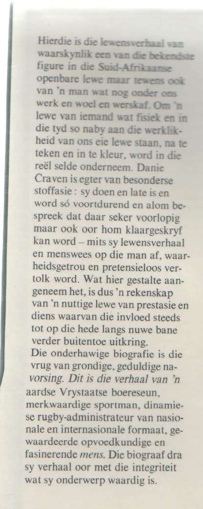 DANIE CRAVEN - BUN BOOYENS (1 STE UITGAWE 1975) RUGBY