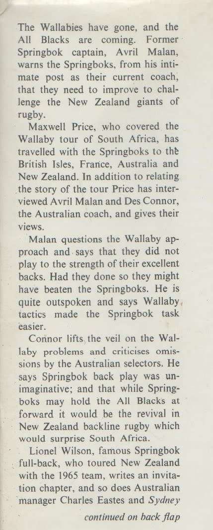 WALLABIES WITHOUT ARMOUR TOUR OF SOUTH AFRICA 1969 - MAXWELL PRICE (1969)