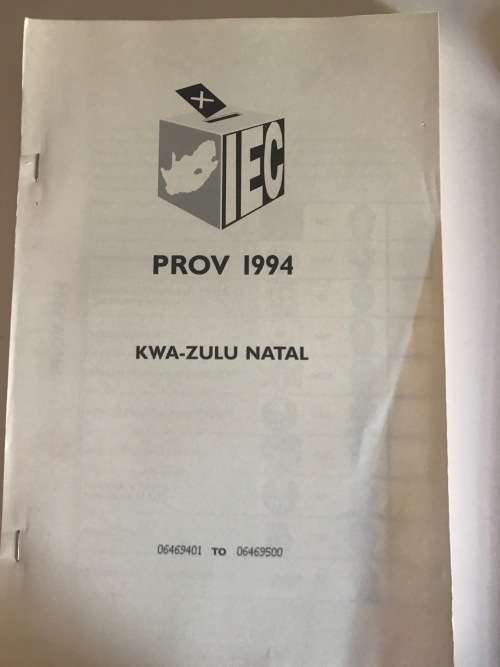 1994 Election Ballot KZN complete book with 100 Ballots(Separate IFP stickers included)
