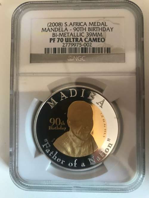 1/2 oz Gold 2008 S Africa Mandela 90th Birthday Bi-metallic(1/2oz Gold with Silver Outer) PF70 UC