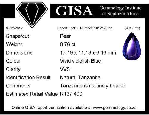 R1 start! 8.76CT Natural Tanzanite Vivid Violetish Blue Pear VVS GISA Certified [ERV - R137'400.00]