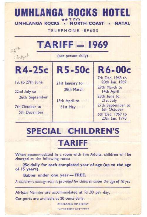 Umhlanga Rocks Hotel Tariff Card / paper 1969, condition good, see scans for details