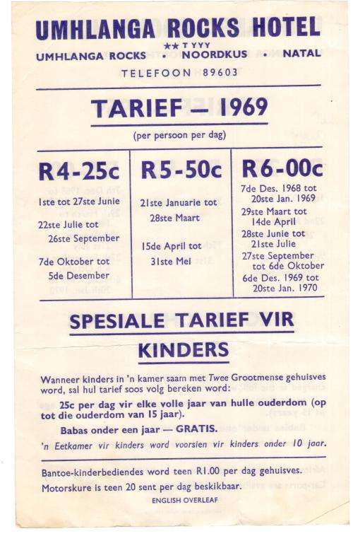 Umhlanga Rocks Hotel Tariff Card / paper 1969, condition good, see scans for details