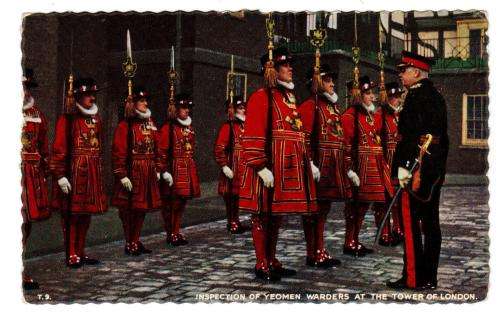 Valentines Post Card"INSPECTION OF YEOMAN WARDERS AT THE TOWER OF LONDON". See scans