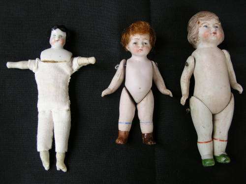 DOLLS x 3. Bisque, cloth, and bisque wire. Please see pics, and description for details