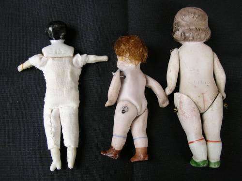 DOLLS x 3. Bisque, cloth, and bisque wire. Please see pics, and description for details