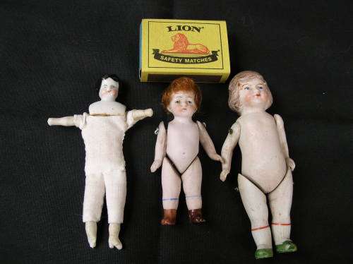 DOLLS x 3. Bisque, cloth, and bisque wire. Please see pics, and description for details