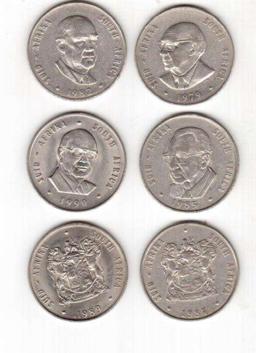 One Rand Coins. Four Presidents, and two crests. Condition very good. See scans for details