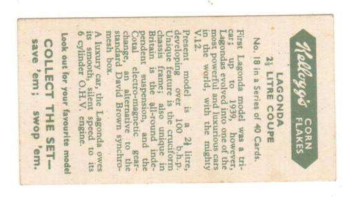 1949 Kelloggs Car Card Lagonda 2 1/2 Litre Coupe. No 18, condition good