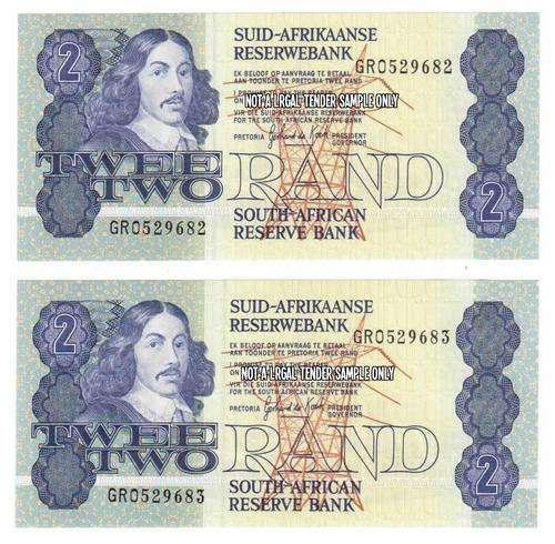 R2.00 Notes 2 x in series GR0529682/83. Gerhard De Kock. uncirculated see scans