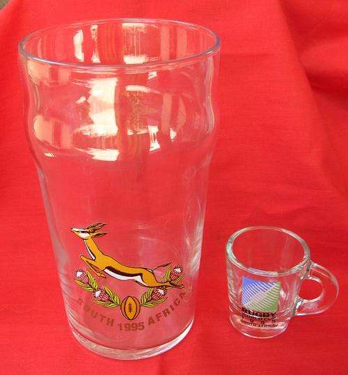 Rugby 1995 Beer Glass Large, and Worldcup Rugby Tot Measure, cndition as good as new see pics