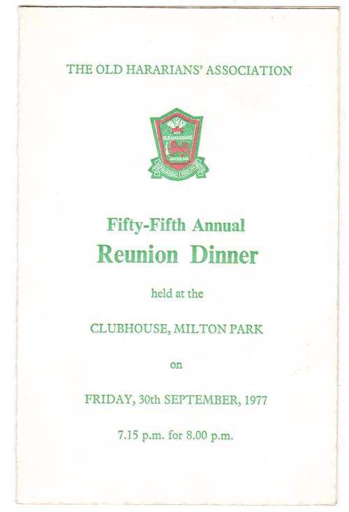 The Old Hararians Association, 55th Annual Reunion Dinner, September 1977, condition very good
