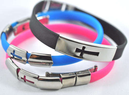 Set of 3 Rubber Bracelets w/ Stainless Steel Cut-out  Cross Watch-Style