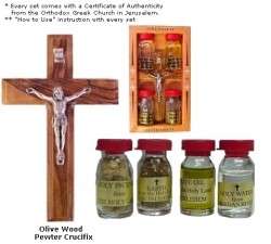 Olivewod cross with crucifix + Holy water, Anointing Olive Oil etc.