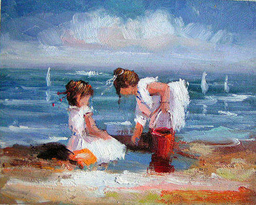 Original Oil painting on canvas 20x25 cm : Seaside holiday