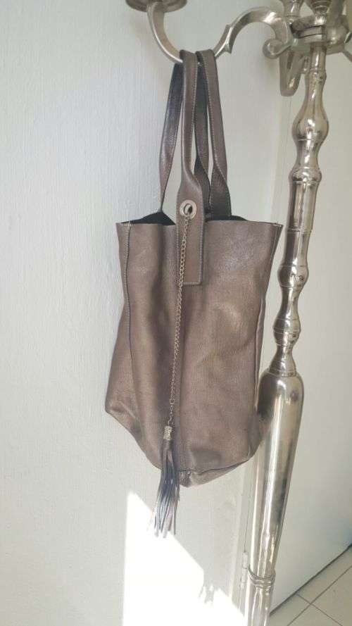 Grey Metallic Leather Handbag Italian Import