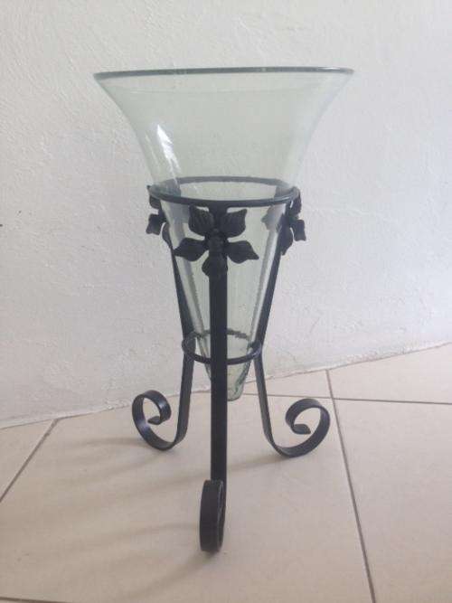 Large Handmade Glass & Wrought Iron Floor Vase H 500mm