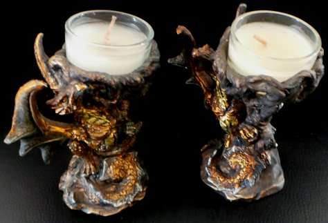 A Pair of Metallic Coloured Resin Dragon Candle Holders with Accompanying Glass Holder with Candles