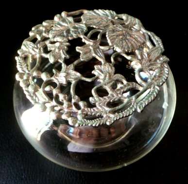 A Really Pretty Trinket Glass Circular Container with Intricate Botanical Metal Top***