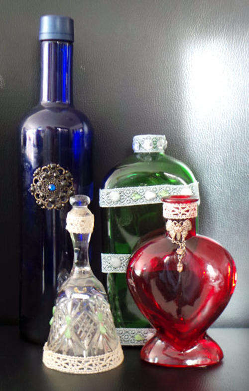A Collection of Decorative Multi-coloured Glass Bottles plus Glass Bell***