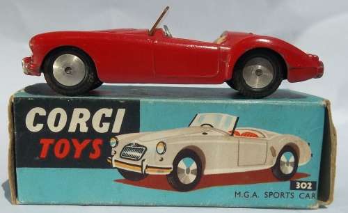 A Corgi Toys #302 M.G.A Sports Car Made in England 1957 Model BOXED DIE CAST