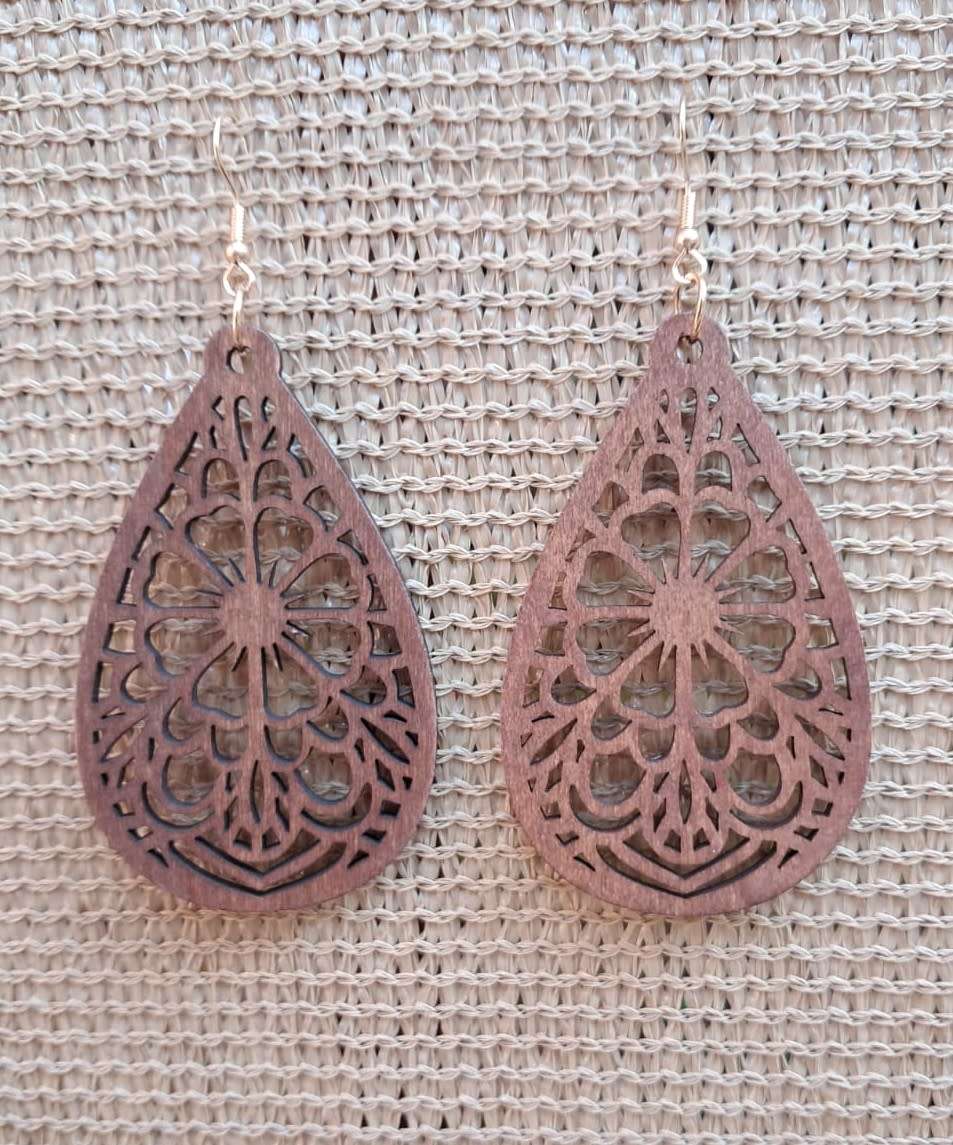 Intricate Design Wooden Dangle Earrings - Flower Drop