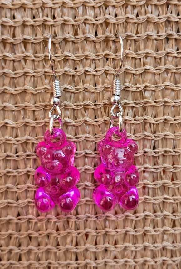 Cute Acrylic Novelty Gummy Bear Earrings - Deep Pink